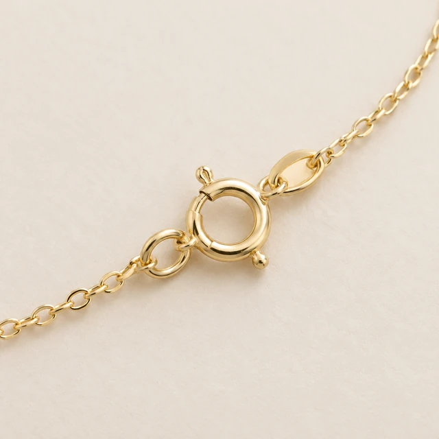 Gold necklace clasp and chain links shown in sharp macro detail.