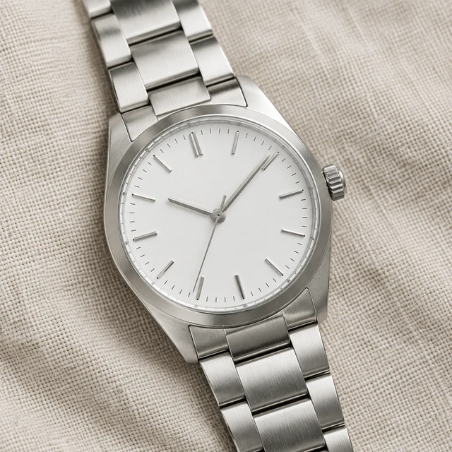 Unbranded analog steel watch with a silver bracelet and white dial on linen.