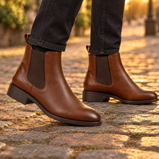 Brown Chelsea boots worn on a cobblestone path, cropped below the knees.