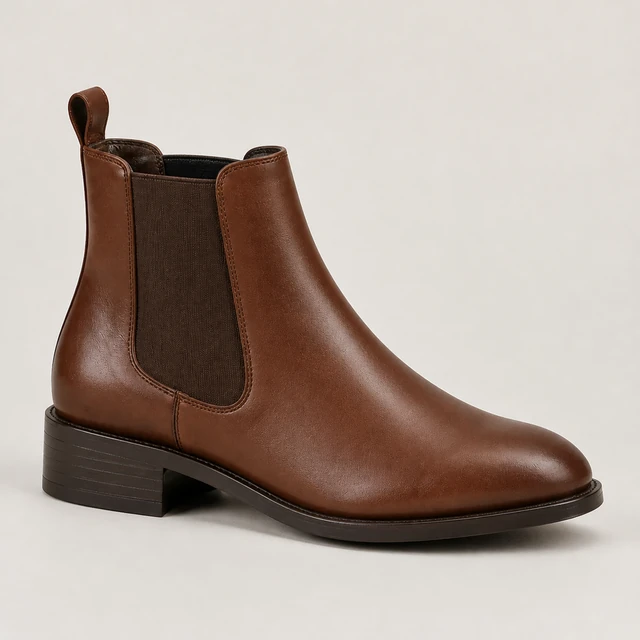 Single brown leather Chelsea boot shown in a square close-up, with its elastic side panel, stitching, and toe visible.