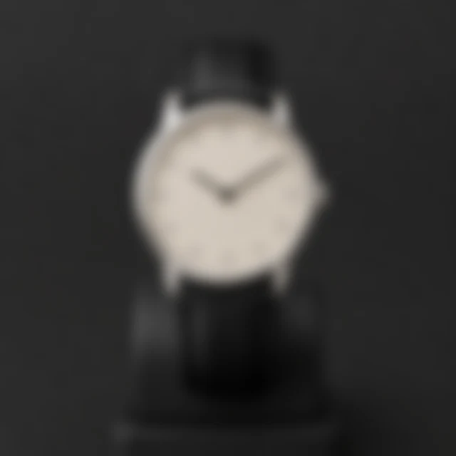 Round analog watch on a dark stand softened by blur.