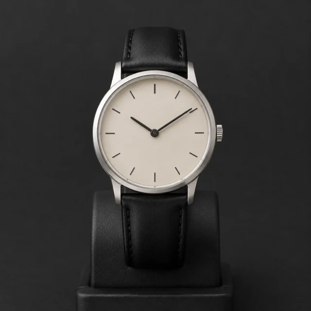 Plain round analog wristwatch with a cream dial and black strap on a dark stand.