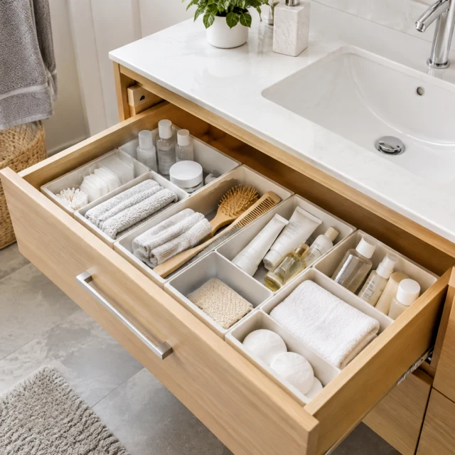 Bathroom drawer sorted into divided trays, with small toiletries arranged neatly.