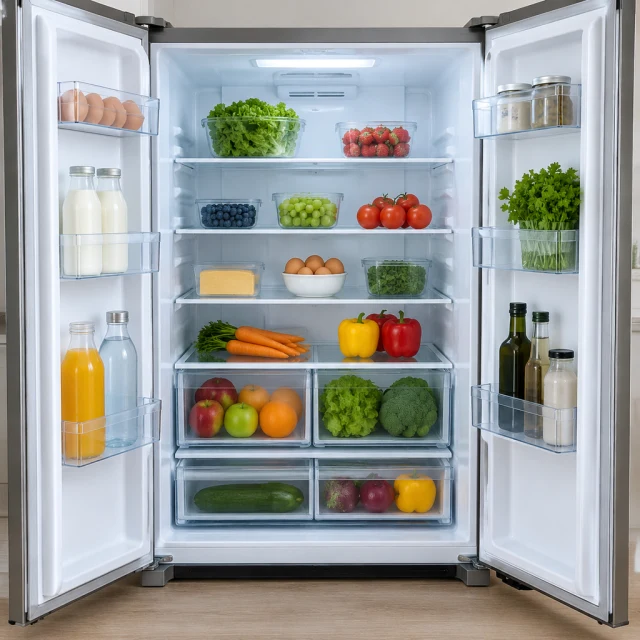 Refrigerator shelves reset with clear storage bins and fresh groceries.