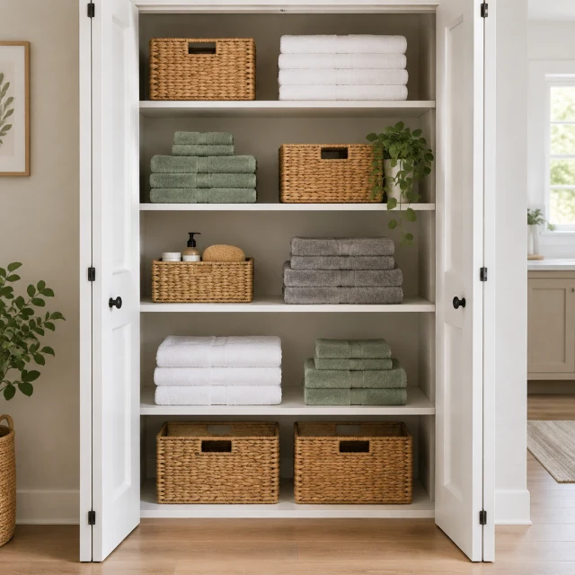 Linen closet shelves stacked with woven baskets and folded towels.
