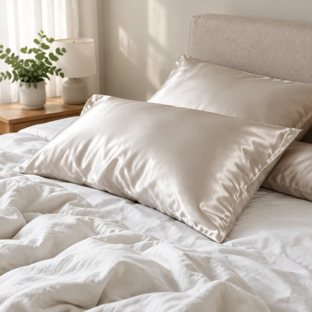 Silk pillowcase on an unmade bed in soft light.