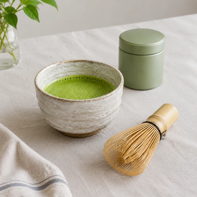 Matcha whisk, bowl and tin arranged on a linen tablecloth.