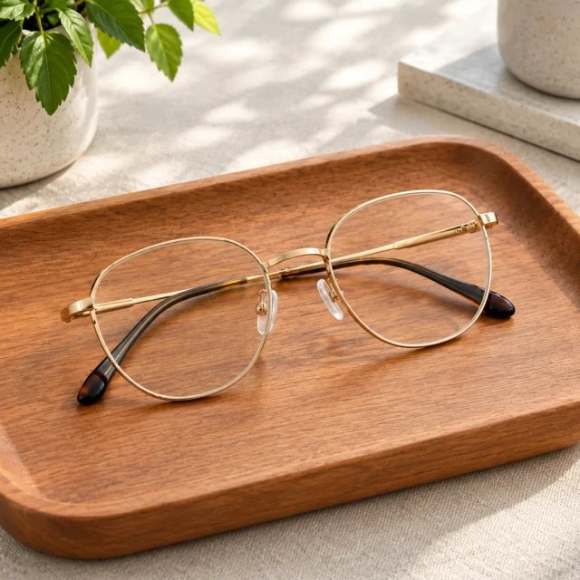 Gold-rim eyeglasses on a wooden tray.