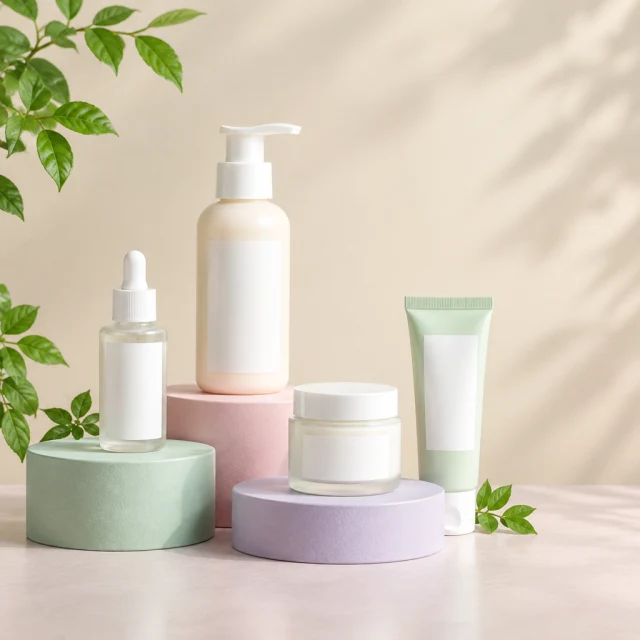 Skincare bottles arranged on pastel podiums against a pink background.