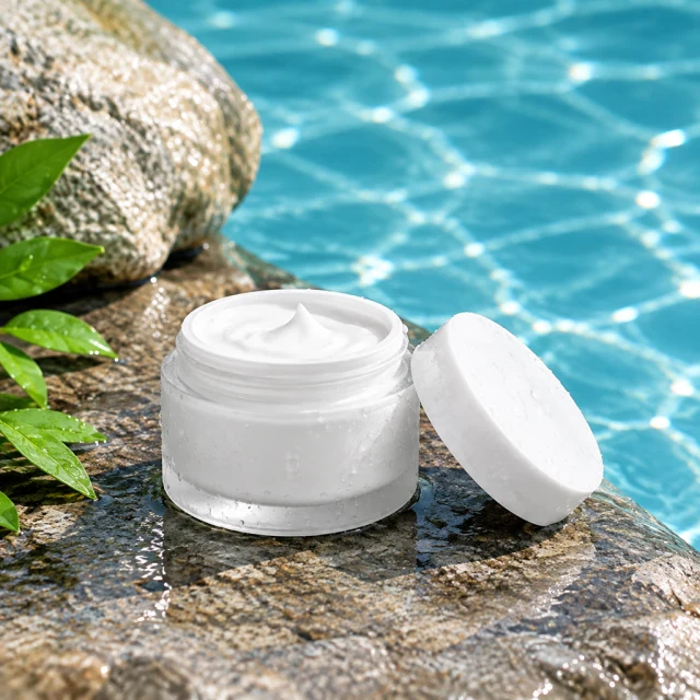 Face cream jar on wet stone beside a pool.