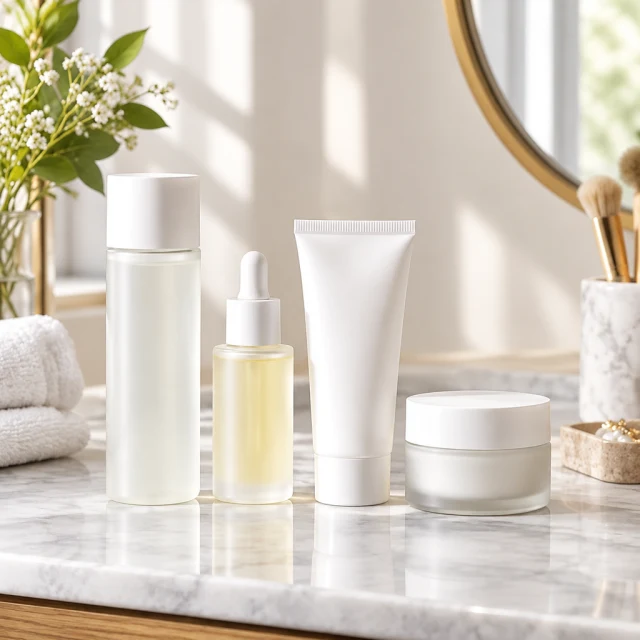 Skincare set lined up on a vanity.