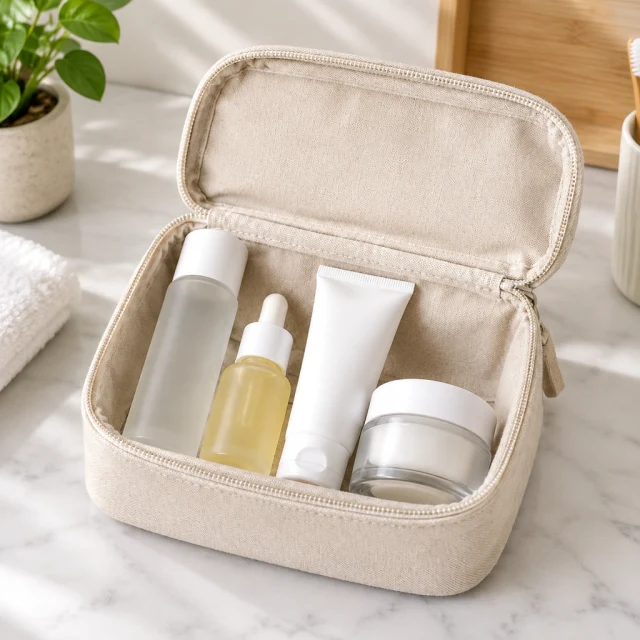 Skincare set packed into a travel pouch.