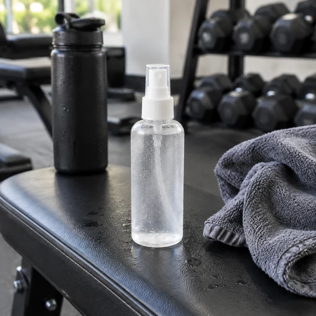 Face mist bottle on a gym bench after a workout.
