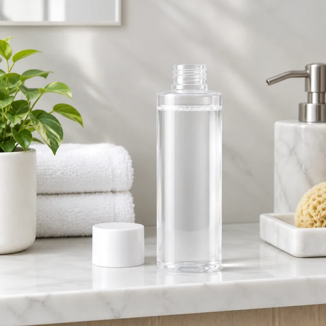 Toner bottle with its cap off on a bathroom shelf.