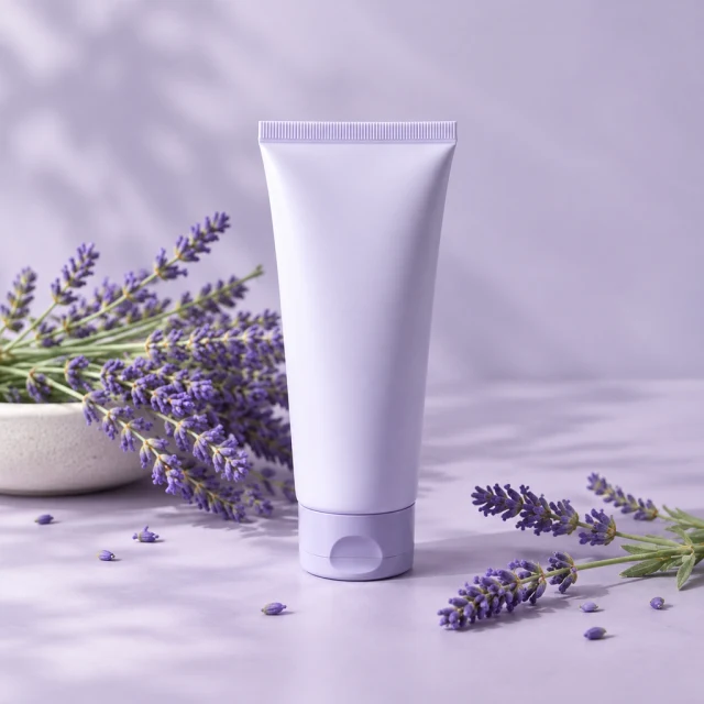 Hand cream tube with lavender sprigs on a soft purple surface.