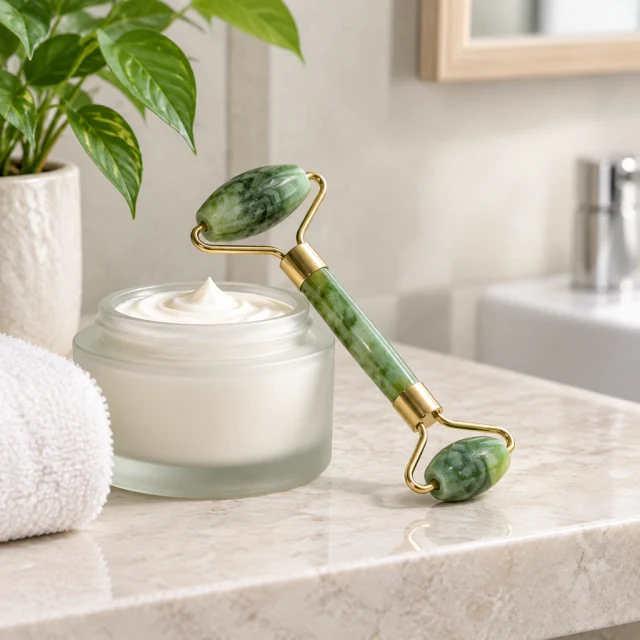 Jade face roller resting beside a jar of cream on a bathroom shelf.