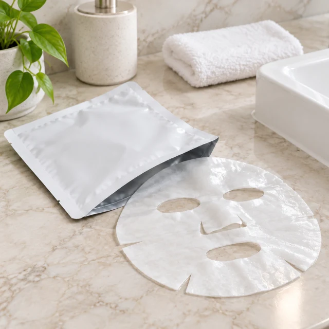 Open sheet mask pouch on a bathroom counter.