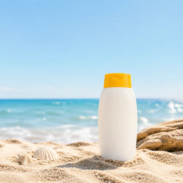 Sunscreen bottle lit by bright beach sunlight.