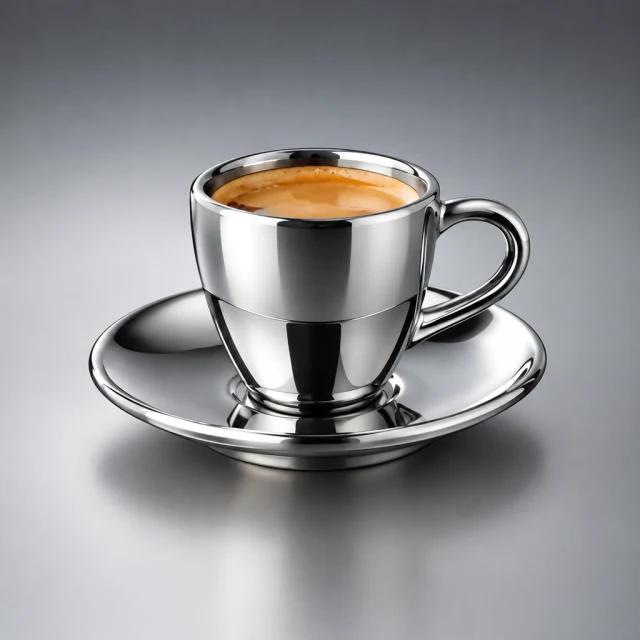 Chrome espresso cup catching highlights against a soft gradient.