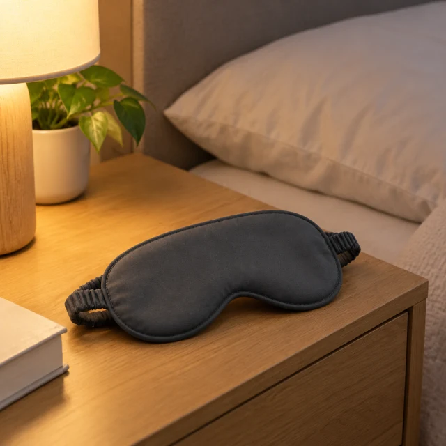 Sleep mask on a nightstand at bedtime.