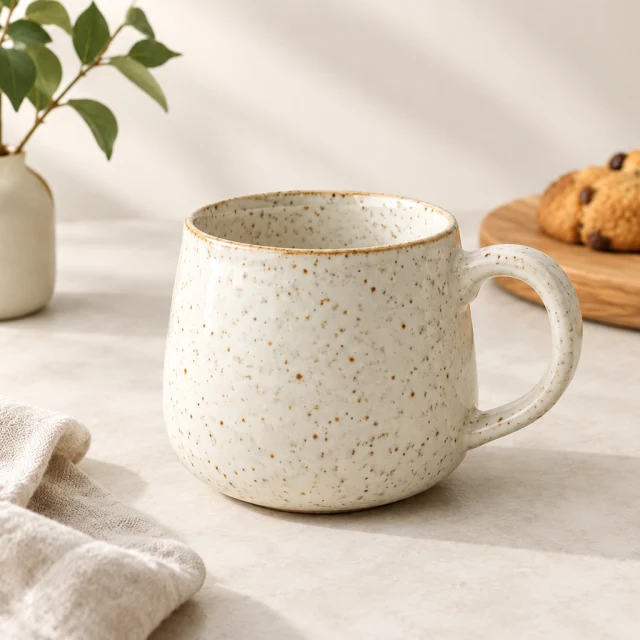 Speckled ceramic cup on a clean pale background.