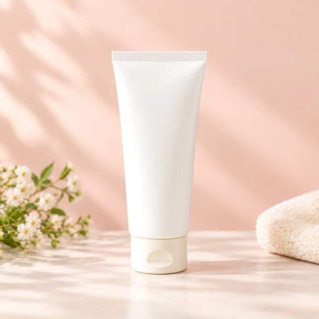 Hand cream tube front view on a pastel backdrop.