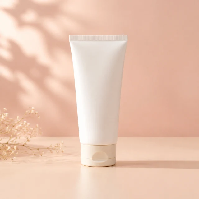 Hand cream tube front view on a pastel backdrop.