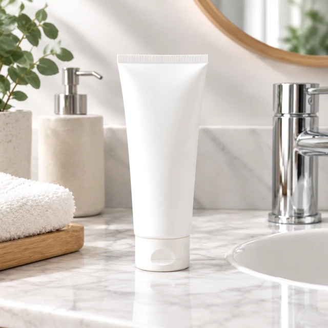 Hand cream tube beside a bathroom sink.