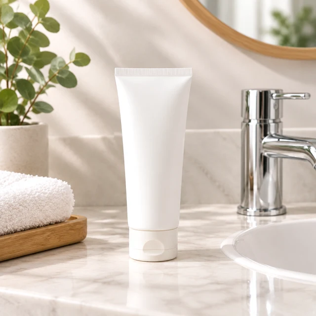 Hand cream tube beside a bathroom sink.