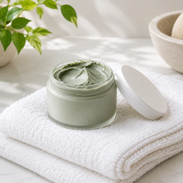 Pale green clay mask sits open on folded white towels with its lid beside the jar.