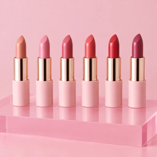 Lipstick bullets in a row on pink acrylic.