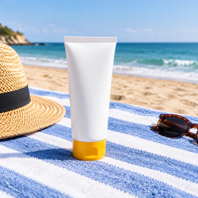 Sunscreen tube on a striped beach towel.