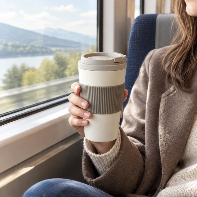 Travel coffee cup held on a morning train.