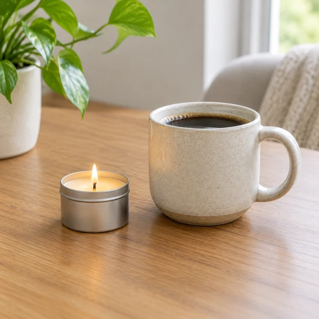 Small travel candle beside a coffee cup on a table.