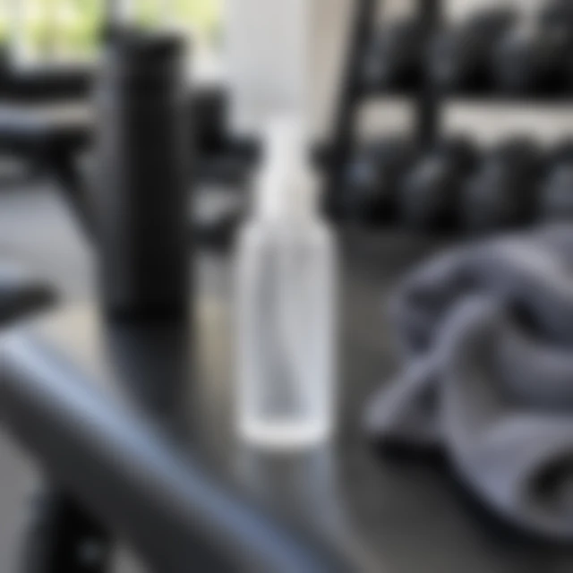 Face mist bottle on a gym bench softened by blur.