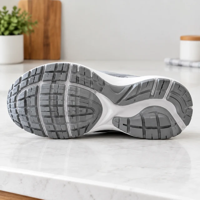 Sneaker outsole tread on a clean counter.