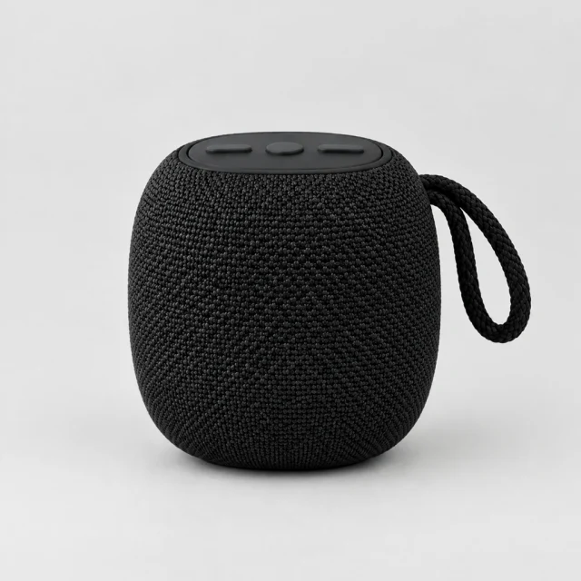 Portable speaker front view on a light gray backdrop.