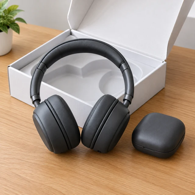 Gray over-ear headphones lifted from an open box with the charging case nearby.