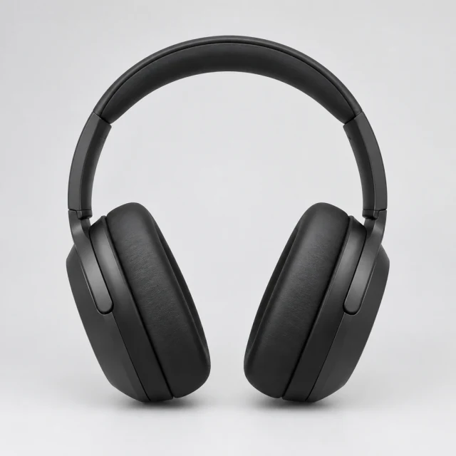 Over-ear headphones, straight-on front view on a light gray studio sweep.