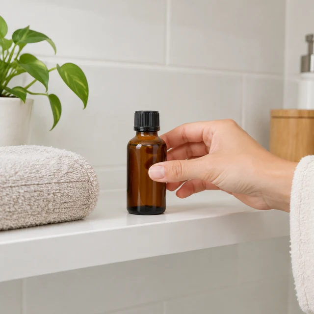 Small amber bottle being picked up from a clean bathroom shelf.