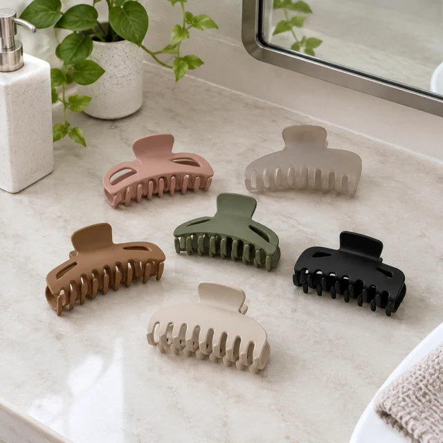 Matte hair claw clips arranged on a bathroom counter beside a mirror.