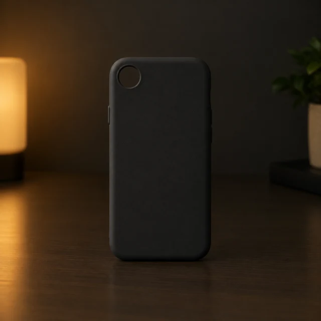 Plain dark phone case with a single circular camera opening glowing softly in a dim room.