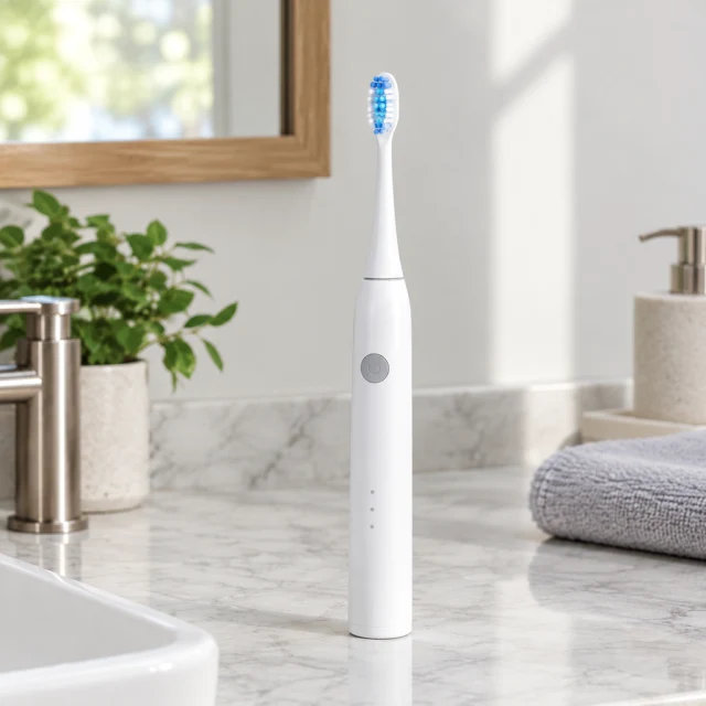 Electric toothbrush resting on a bathroom counter.