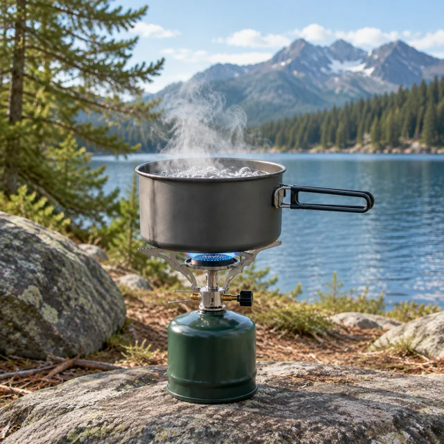 Camping stove heating a pot of water outdoors.