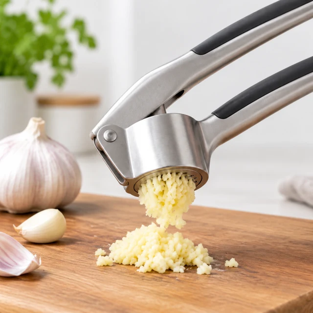 Garlic press crushing a clove in close-up.
