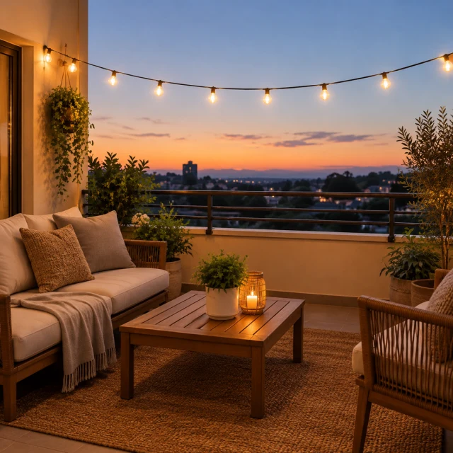 String lights switched on over a balcony at dusk.
