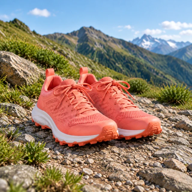 Coral trail running shoes on a rocky mountain path in daylight.