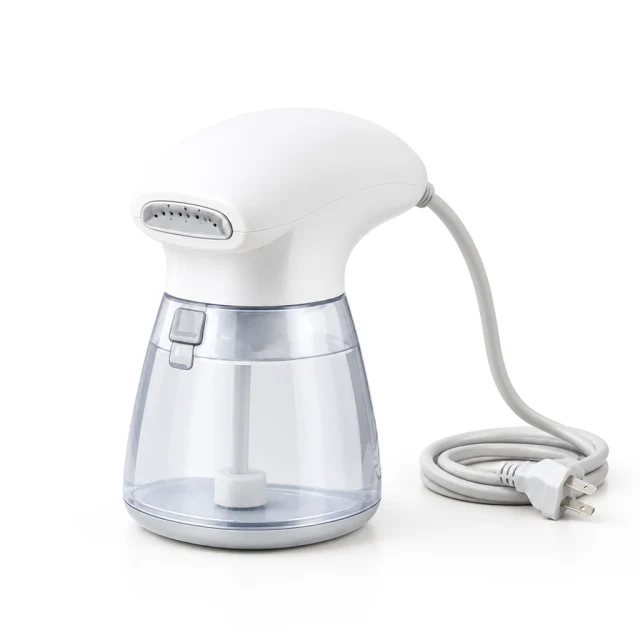 White handheld garment steamer with water reservoir and cord on white.