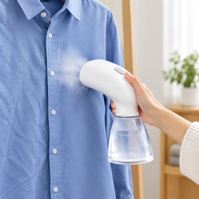 White handheld steamer smoothing a blue shirt.