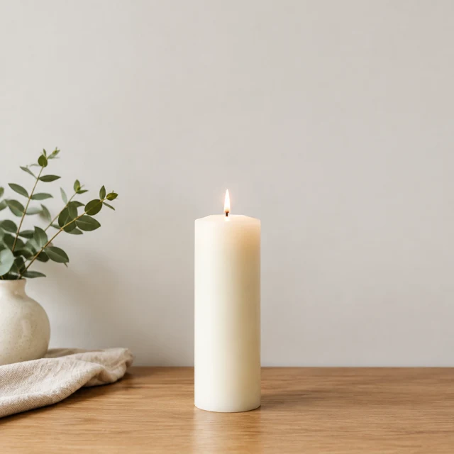 Tall pillar candle against a plain wall.